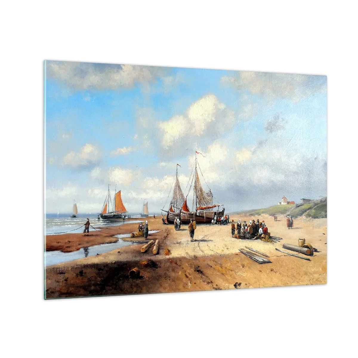 Obraz na skle - Plážová scéna s rybářskými loděmi a rybáři - 70x50cm - Po úspěšném rybolovu - Moderní nástěnná dekorace do obývacího pokoje a ložnice ARTTOR