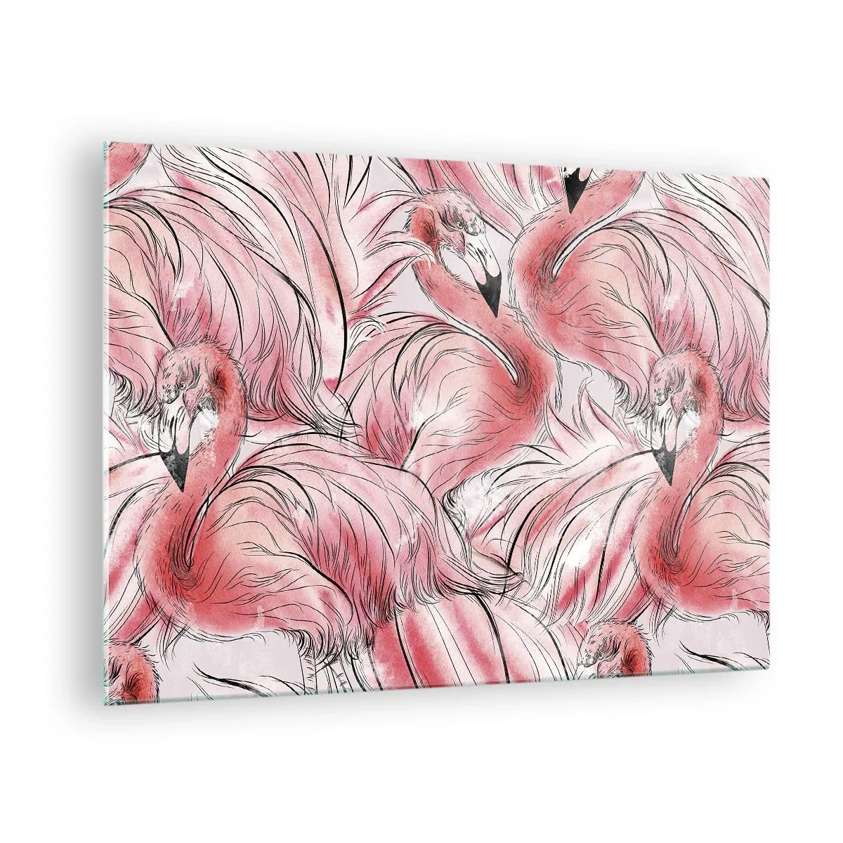 Obraz na skle - Růžoví plameňáci v dekorativním kresleném stylu - 70x50cm - Ptačí corps de ballet - Moderní nástěnná dekorace do obývacího pokoje a ložnice ARTTOR