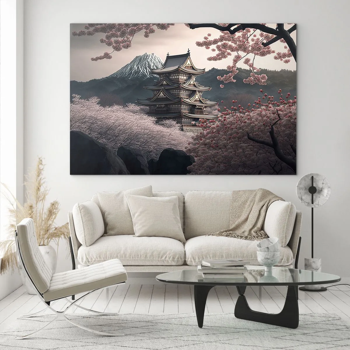 Obraz na skle - Tradiční japonská pagoda uprostřed třešňových květů a hor - 70x50cm - Země kvetoucích třešní - Moderní nástěnná dekorace do obývacího pokoje a ložnice ARTTOR