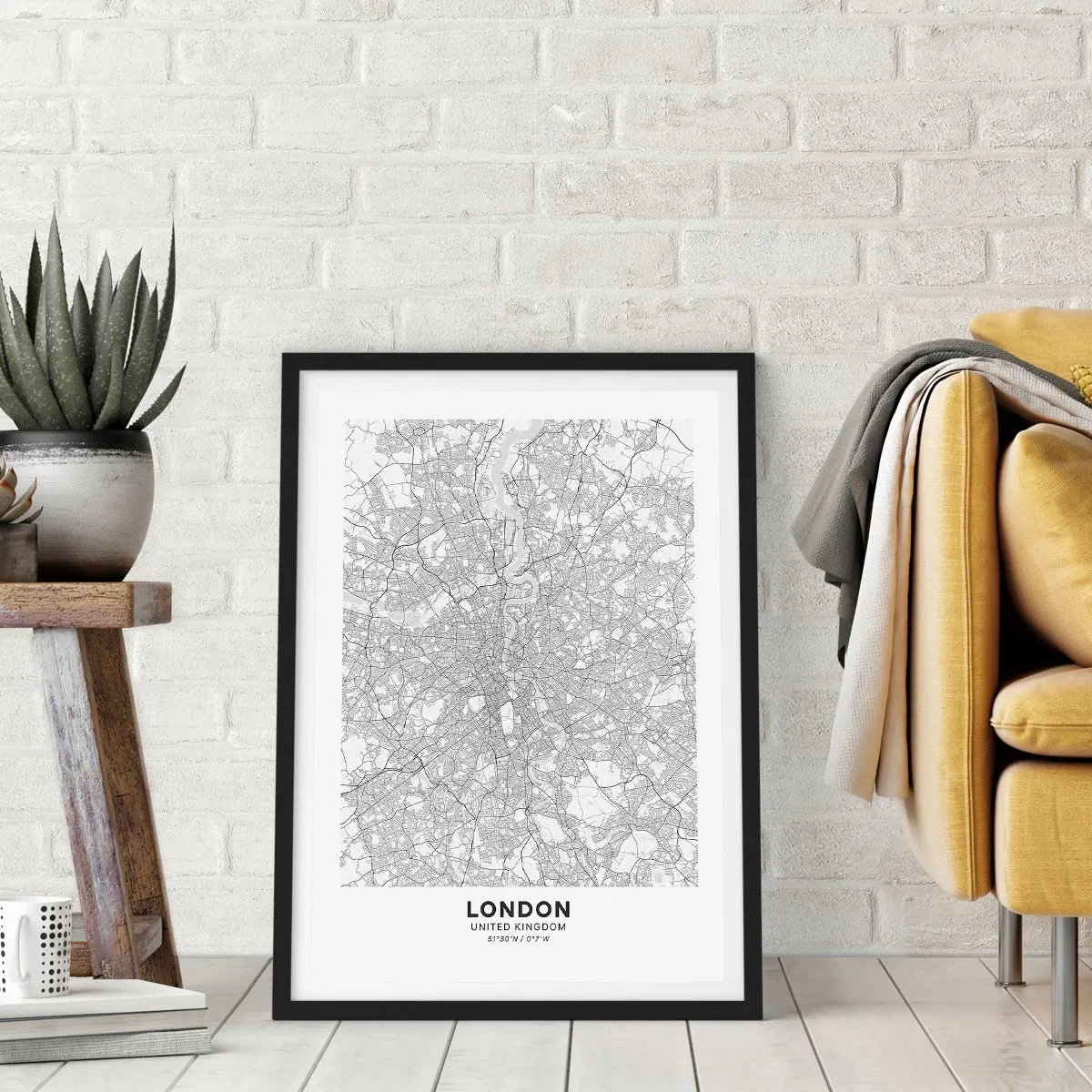 Plakát v černém rámu - Černobílá mapa Londýna s přesnými detaily ulic - 50x70cm - Mapa londýnského labyrintu - Moderní nástěnná dekorace do obývacího pokoje a ložnice ARTTOR