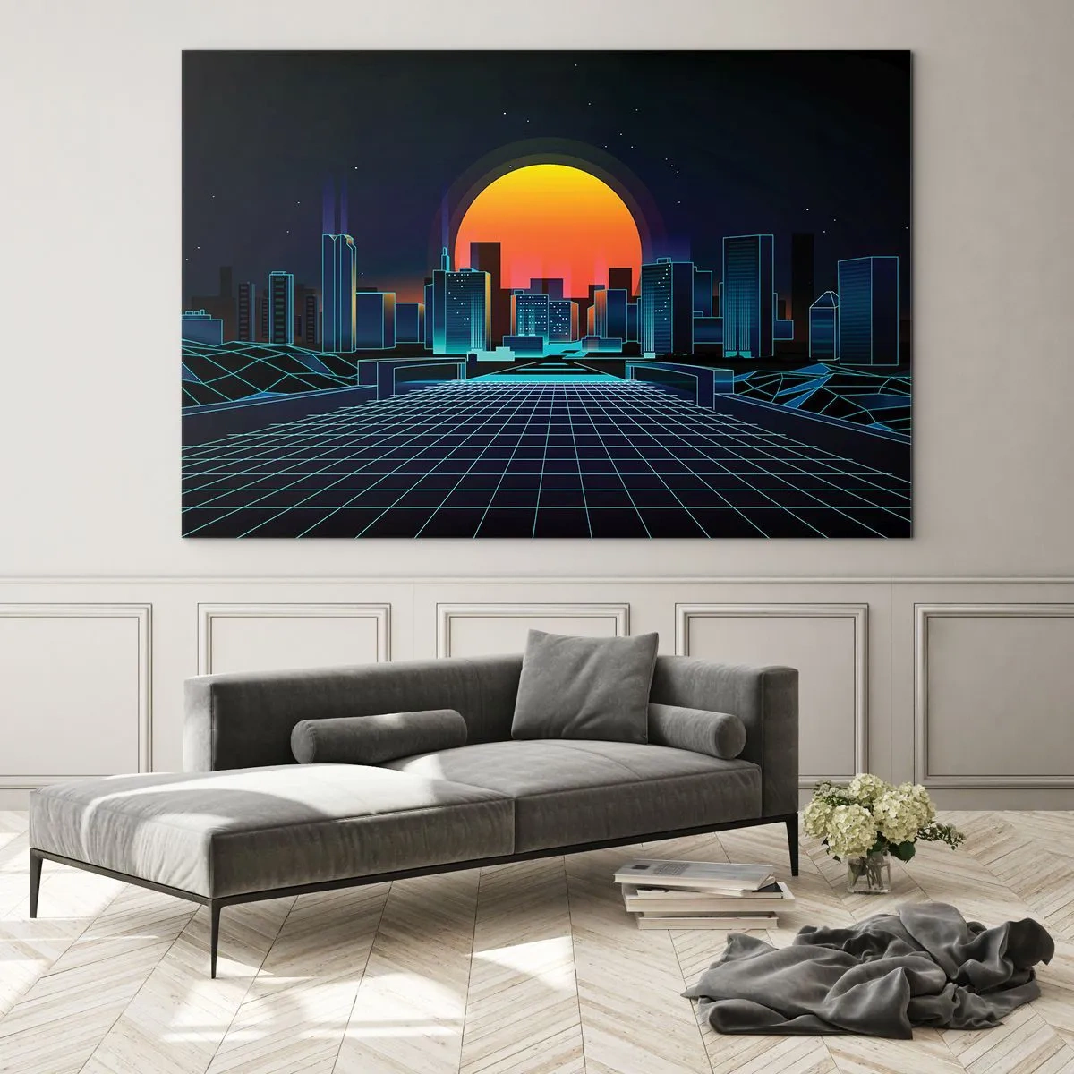 Obraz na skle - Futuristické panorama města se západem slunce - 70x50cm - Pořád chcete do reálu? - Moderní nástěnná dekorace do obývacího pokoje a ložnice ARTTOR