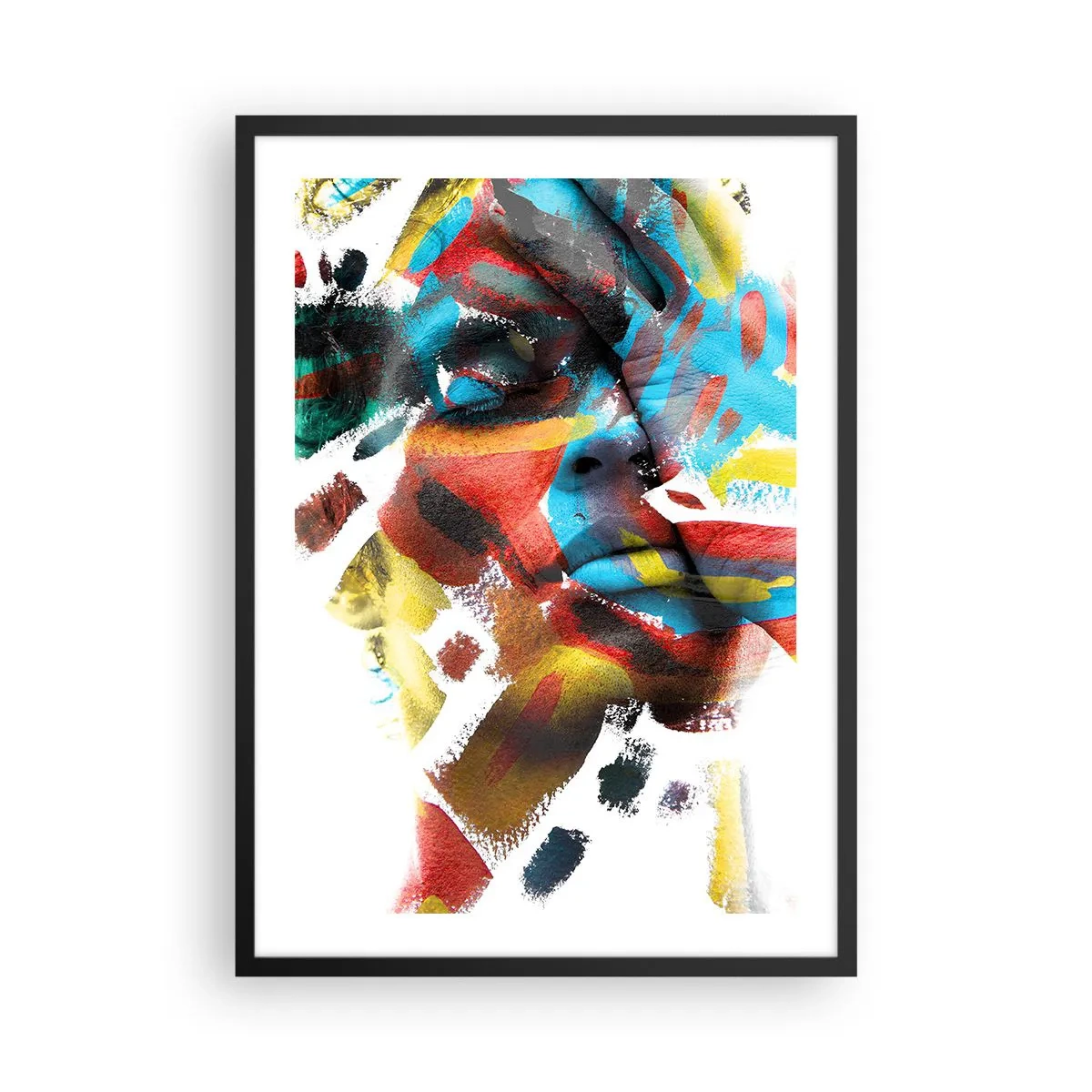 Plakát v černém rámu - Umělecký portrét ženy v abstraktních barvách - 50x70cm - Pestrá osobnost - Moderní nástěnná dekorace do obývacího pokoje a ložnice ARTTOR