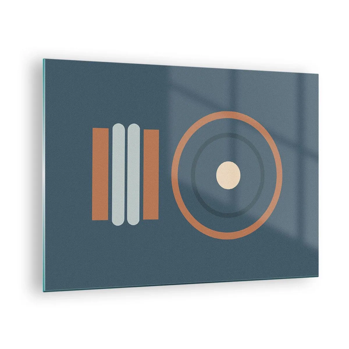 Obraz na skle - Abstraktní geometrické tvary v tlumených barvách s kruhy a čarami - 70x50cm - Podstata věcí - Moderní nástěnná dekorace do obývacího pokoje a ložnice ARTTOR