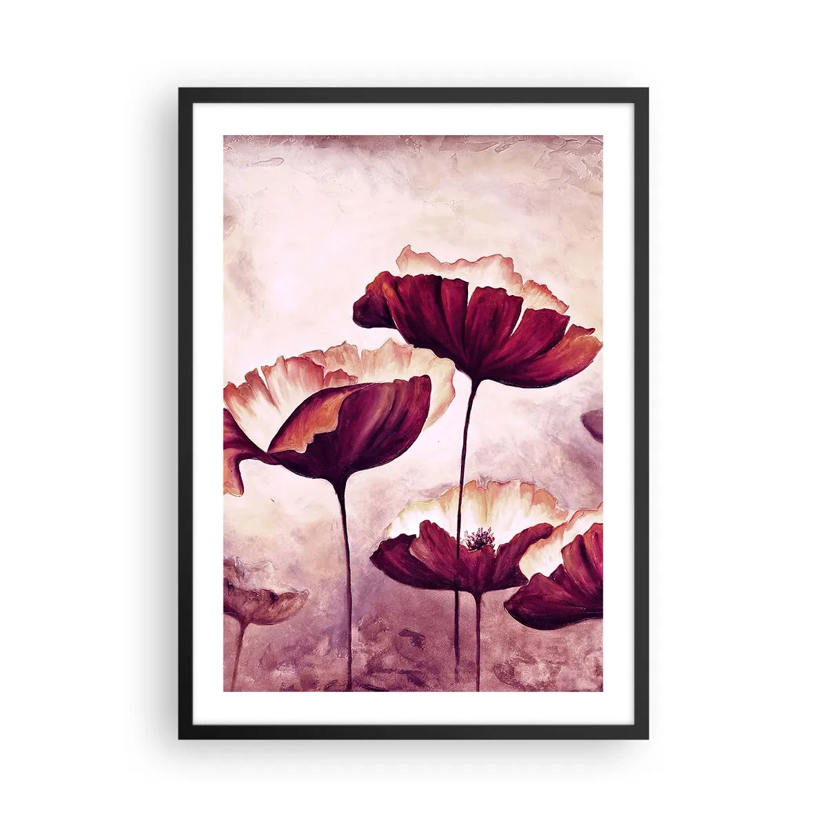 Plakát v černém rámu - Malebné vlčí máky na jemném pastelovém pozadí - 50x70cm - Červený a bílý plátek - Moderní nástěnná dekorace do obývacího pokoje a ložnice ARTTOR