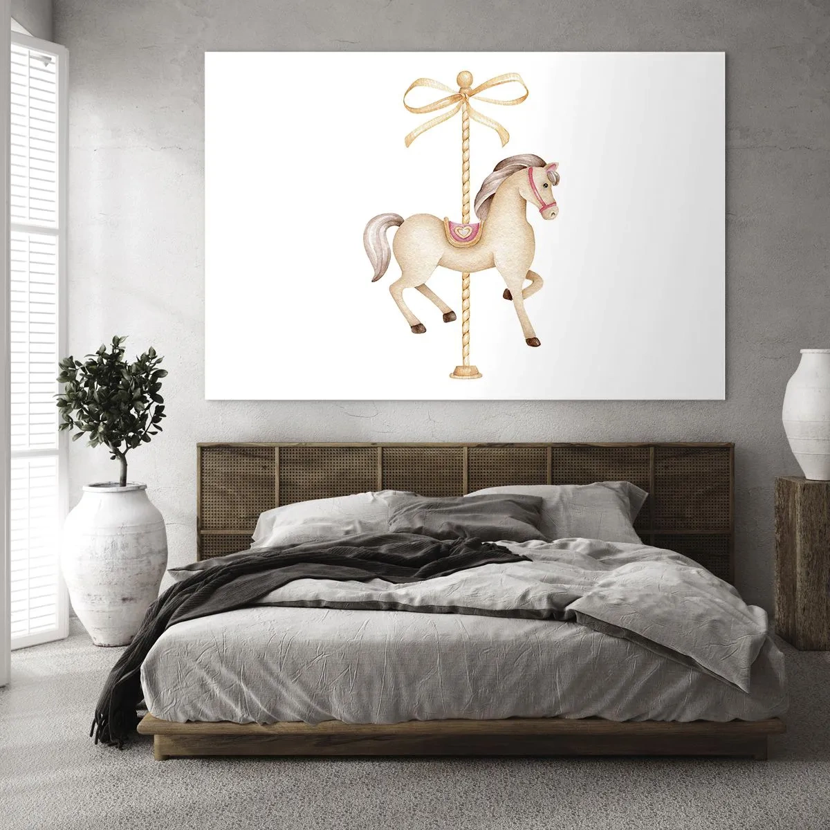 Obraz na skle - Béžový kolotočový kůň s mašlí na bílém pozadí - 70x50cm - Elegantním klusem - Moderní nástěnná dekorace do obývacího pokoje a ložnice ARTTOR