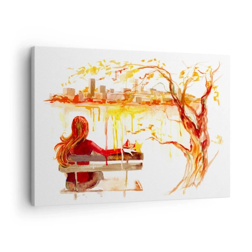 Obraz na plátně - Akvarelová scéna ženy na lavičce s výhledem na město - 70x50cm - Okamžik zamyšlení - Moderní nástěnná dekorace do obývacího pokoje a ložnice ARTTOR