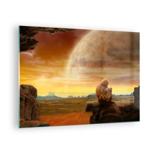 Obraz na skle - Opice sedící na skále s obrovským měsícem v pozadí - 70x50cm - Láska je všude stejná - Moderní nástěnná dekorace do obývacího pokoje a ložnice ARTTOR