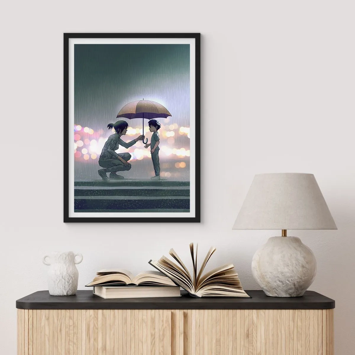 Plakát v černém rámu - Dospělý podává dítěti deštník na deštivém pozadí - 50x70cm - A vše je v pořádku - Moderní nástěnná dekorace do obývacího pokoje a ložnice ARTTOR