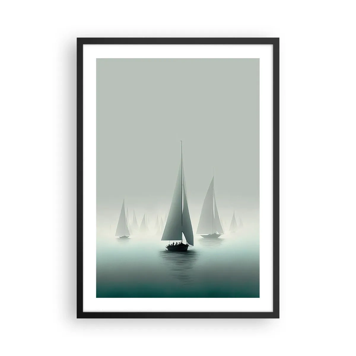 Plakát v černém rámu - Skupina plachetnic plujících po mlhavém moři, obklopených klidnými vodami. - 50x70cm - Postavený z mlhy - Moderní nástěnná dekorace do obývacího pokoje a ložnice ARTTOR