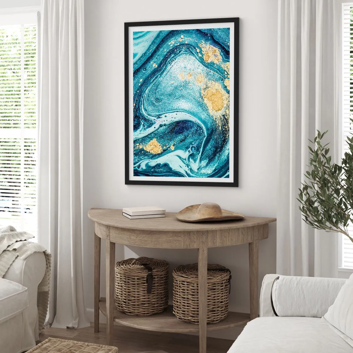 Plakát v černém rámu - Abstraktní vzor s odstíny modré a zlaté - 50x70cm - Modrý vír - Moderní nástěnná dekorace do obývacího pokoje a ložnice ARTTOR