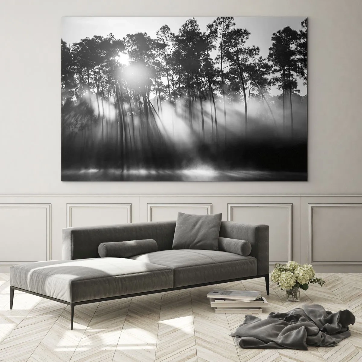 Obraz na skle - Černobílé stromy v lese se slunečními paprsky v oparu - 70x50cm - Nezastavitelné slunce - Moderní nástěnná dekorace do obývacího pokoje a ložnice ARTTOR