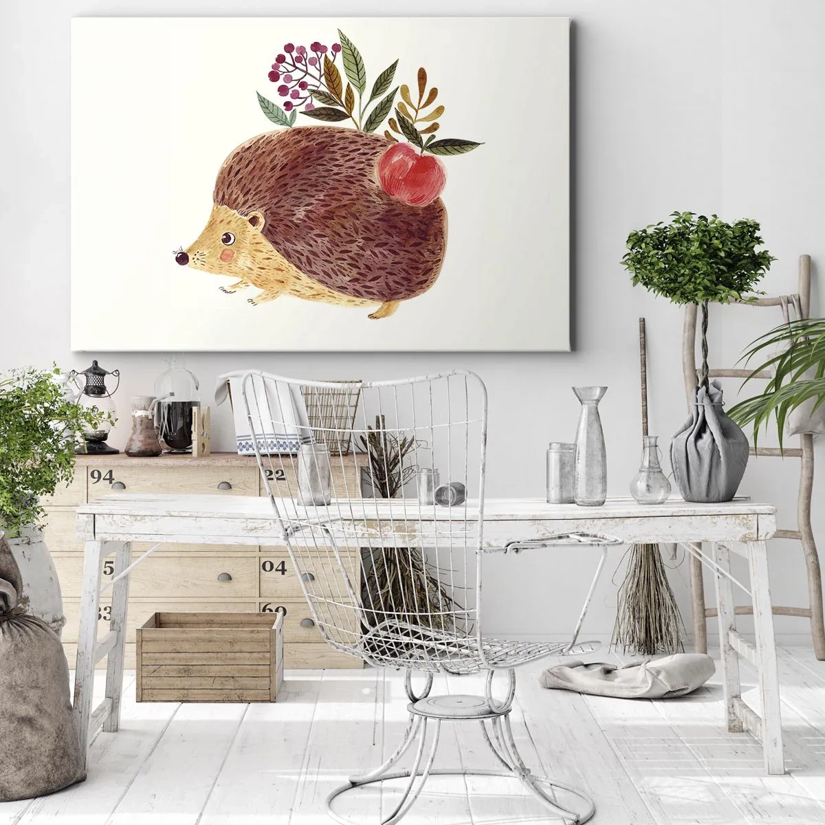 Obraz na plátně - Roztomilý ježek s jablkem a rostlinami v ilustrativním stylu - 70x50cm - A už mě máš rád - Moderní nástěnná dekorace do obývacího pokoje a ložnice ARTTOR