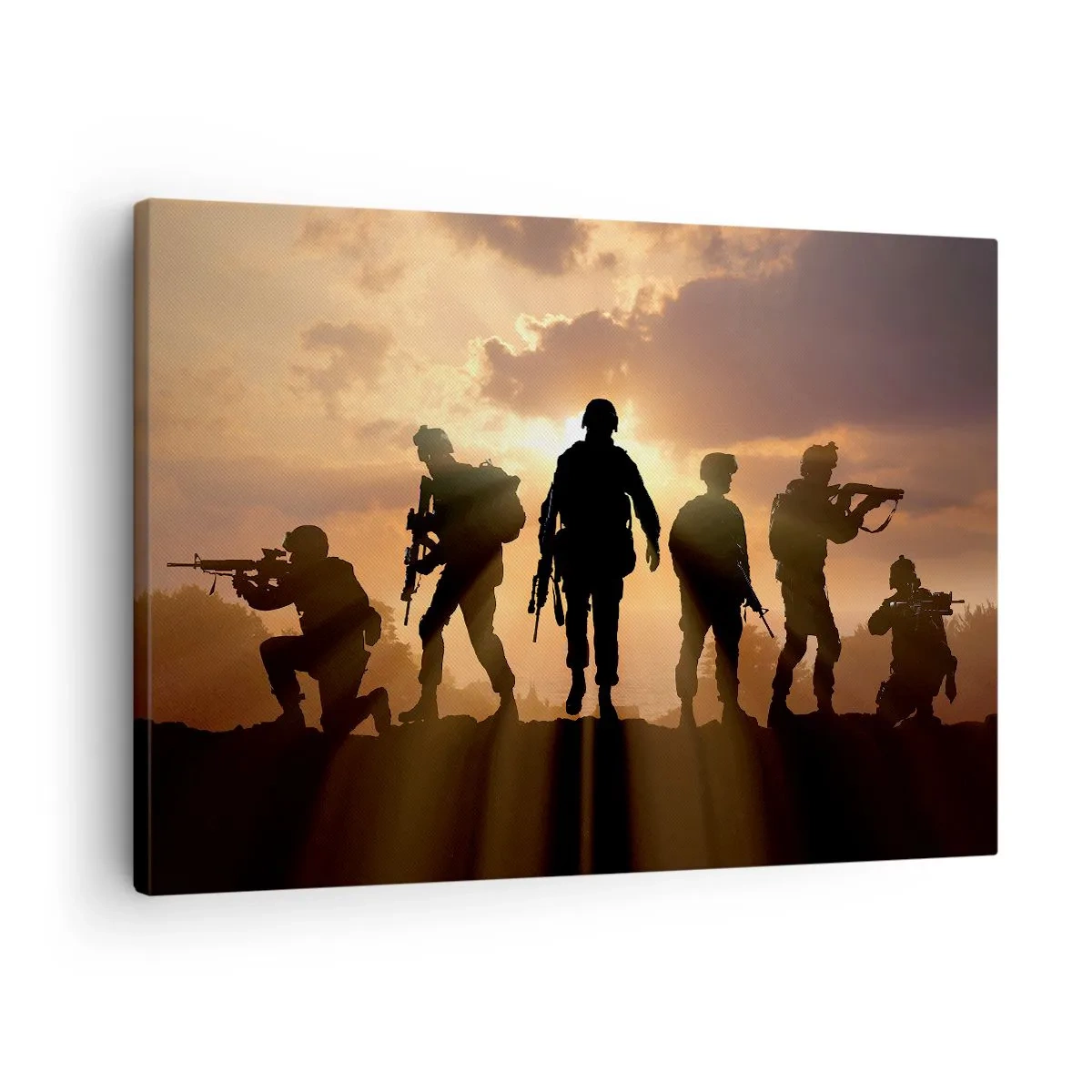 Obraz na plátně - Vojáci na pozadí zapadajícího slunce v dynamickém prostředí - 70x50cm - Brothers in arms - Moderní nástěnná dekorace do obývacího pokoje a ložnice ARTTOR