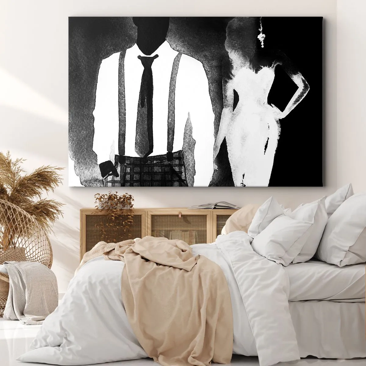 Obraz na plátně - Postavy ve stylu noir, černobílá elegance a tajemno - 70x50cm - Ve stylu noir - Moderní nástěnná dekorace do obývacího pokoje a ložnice ARTTOR