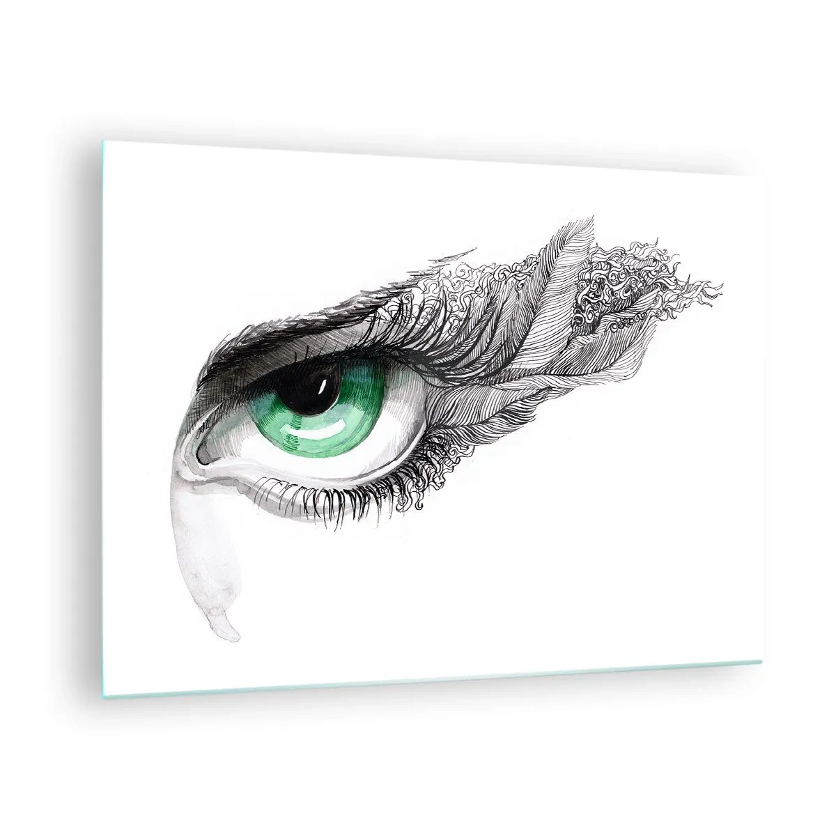 Obraz na skle - Zelené oko s detaily peří a abstraktními vzory - 70x50cm - Krásná a připravená k útoku - Moderní nástěnná dekorace do obývacího pokoje a ložnice ARTTOR