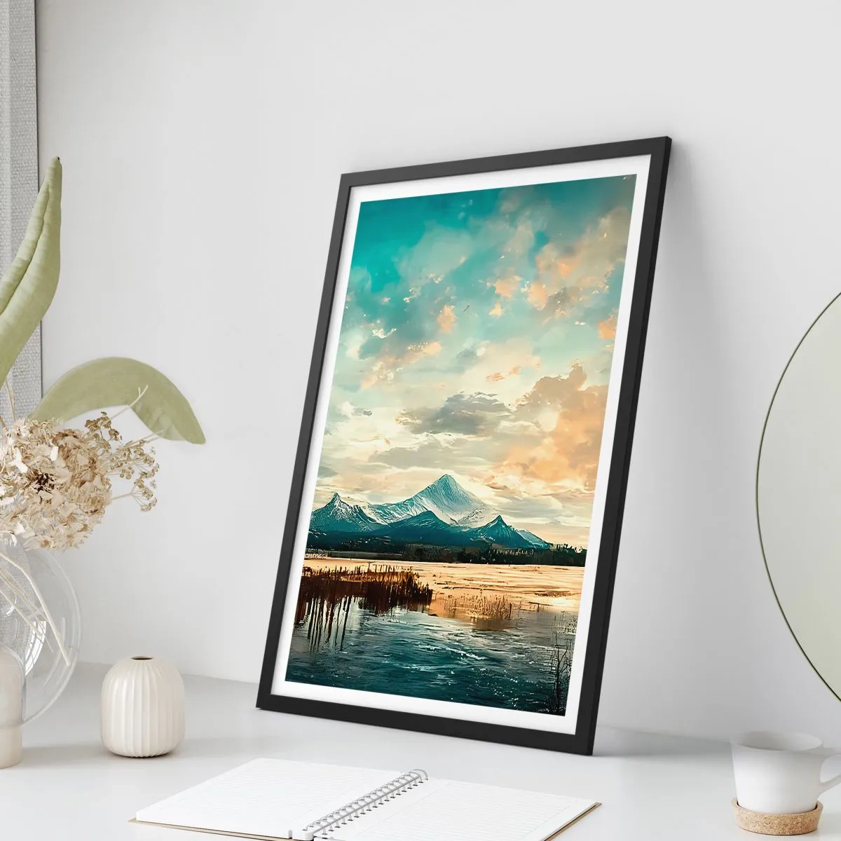 Plakát v černém rámu - Malebná horská krajina při západu slunce - 50x70cm - Pod ochranou nebe - Moderní nástěnná dekorace do obývacího pokoje a ložnice ARTTOR