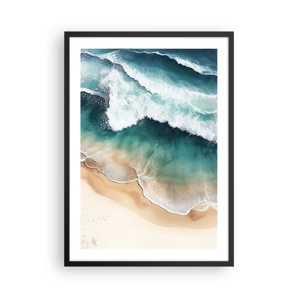 Plakát v černém rámu - Mořské vlny tříštící se o pláž - 50x70cm - Odvěké setkání - Moderní nástěnná dekorace do obývacího pokoje a ložnice ARTTOR