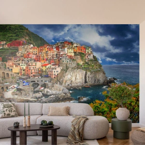 Fototapeta Standard Eco - Malebné městečko na útesu nad Středozemním mořem - 100x70cm - Hromádka přitulená ke skalám - Moderní nástěnná dekorace do obývacího pokoje a ložnice ARTTOR