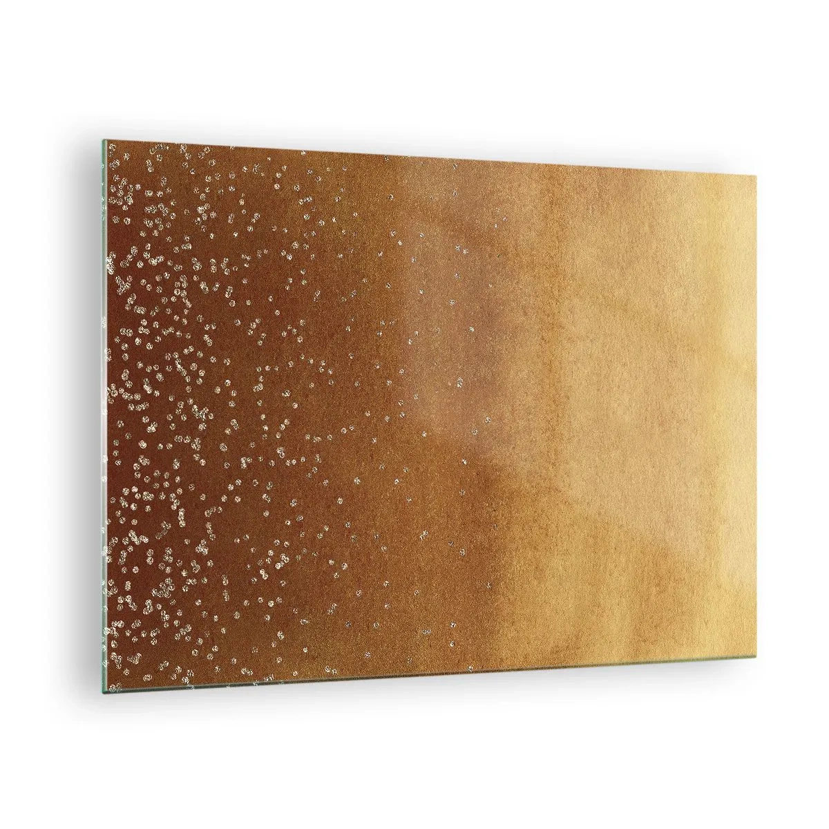 Obraz na skle - Zlatý abstraktní vzor s jemnými odlesky - 70x50cm - Zrození světla - Moderní nástěnná dekorace do obývacího pokoje a ložnice ARTTOR