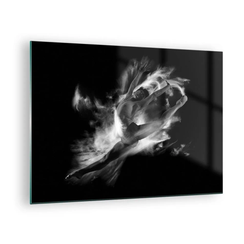Obraz na skle - Černá a bílá silueta tanečnice v dynamickém pohybu - 70x50cm - Zastaven za letu - Moderní nástěnná dekorace do obývacího pokoje a ložnice ARTTOR