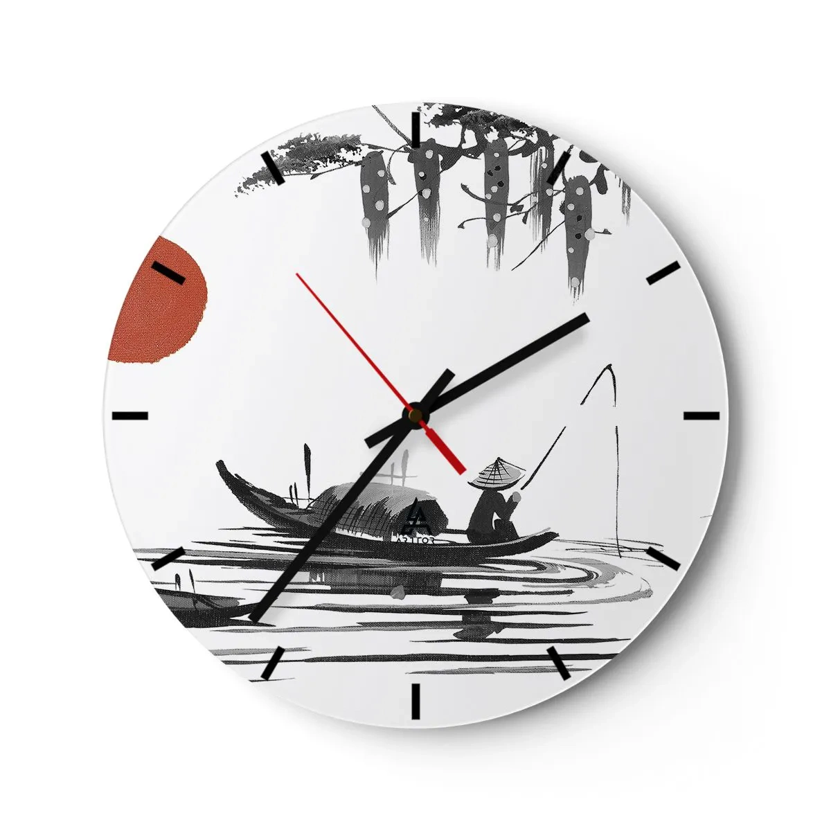 Nástěnné hodiny - Tradiční ilustrace rybáře v lodi proti rudému slunci - 30x30cm - Asijské odpoledne - Moderní nástěnná dekorace do obývacího pokoje, kuchyně a ložnice ARTTOR