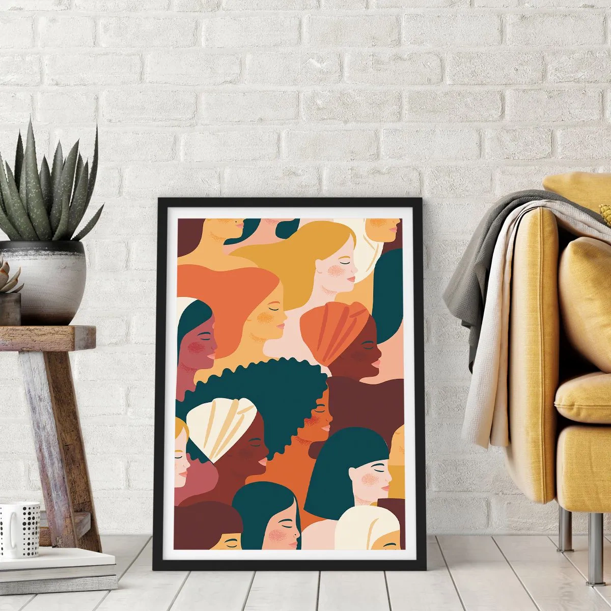 Plakát v černém rámu - Barevná grafika zobrazující ženské profily - 50x70cm - Pouze ženskost - Moderní nástěnná dekorace do obývacího pokoje a ložnice ARTTOR