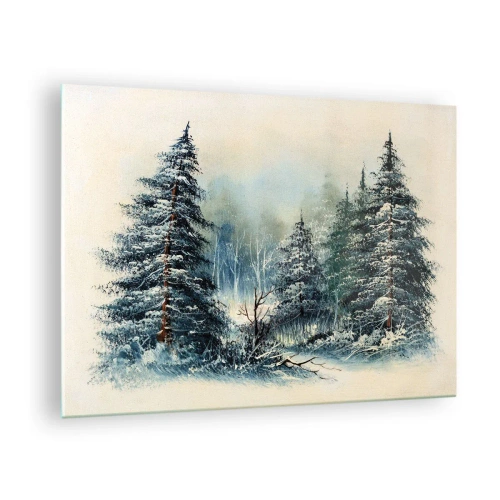 Obraz na skle - Zimní les se zasněženými stromy proti obloze - 70x50cm - Připravení na Vánoce - Moderní nástěnná dekorace do obývacího pokoje a ložnice ARTTOR
