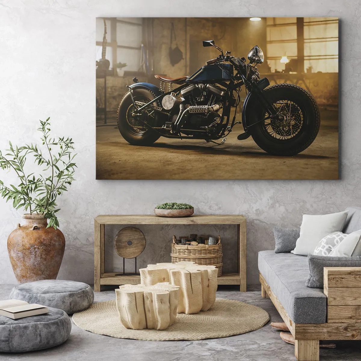 Obraz na plátně - Stylový motocykl v industriálním interiéru s teplým osvětlením - 70x50cm - Mohu všechno - Moderní nástěnná dekorace do obývacího pokoje a ložnice ARTTOR