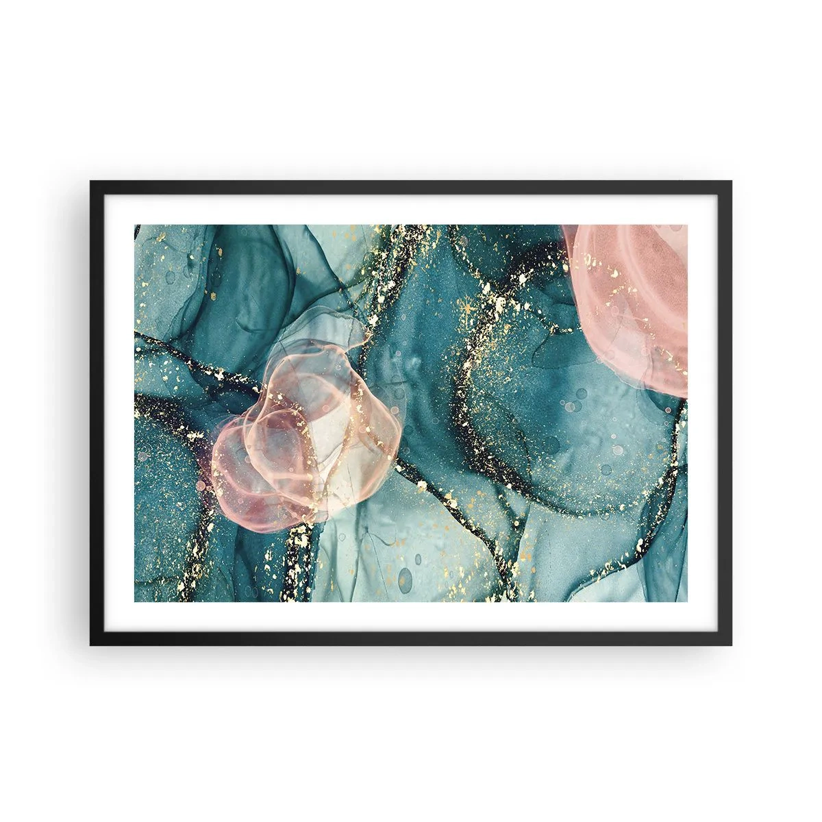 Plakát v černém rámu - Modré hedvábí modré, růžový tyl - 70x50 cm