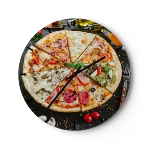 Nástěnné hodiny - Chutná pizza s různými ingrediencemi na černém pozadí - 30x30cm - Vějíř chutí - Moderní nástěnná dekorace do obývacího pokoje, kuchyně a ložnice ARTTOR