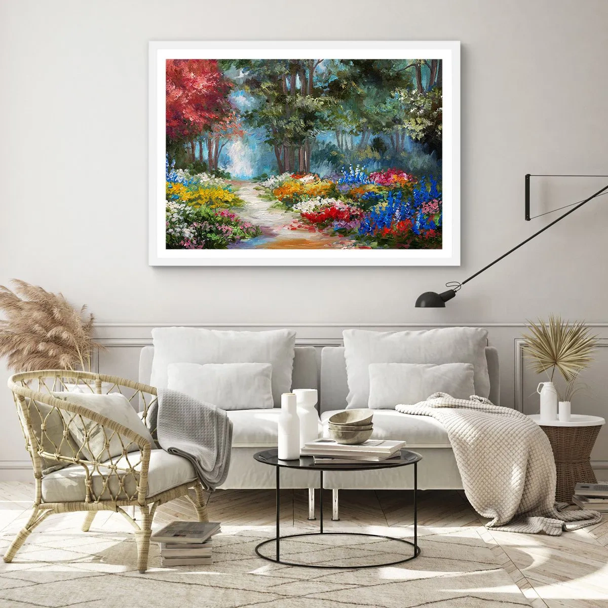 Plakát v bílém rámu - Lesní zahrada, květinový les - 100x70 cm