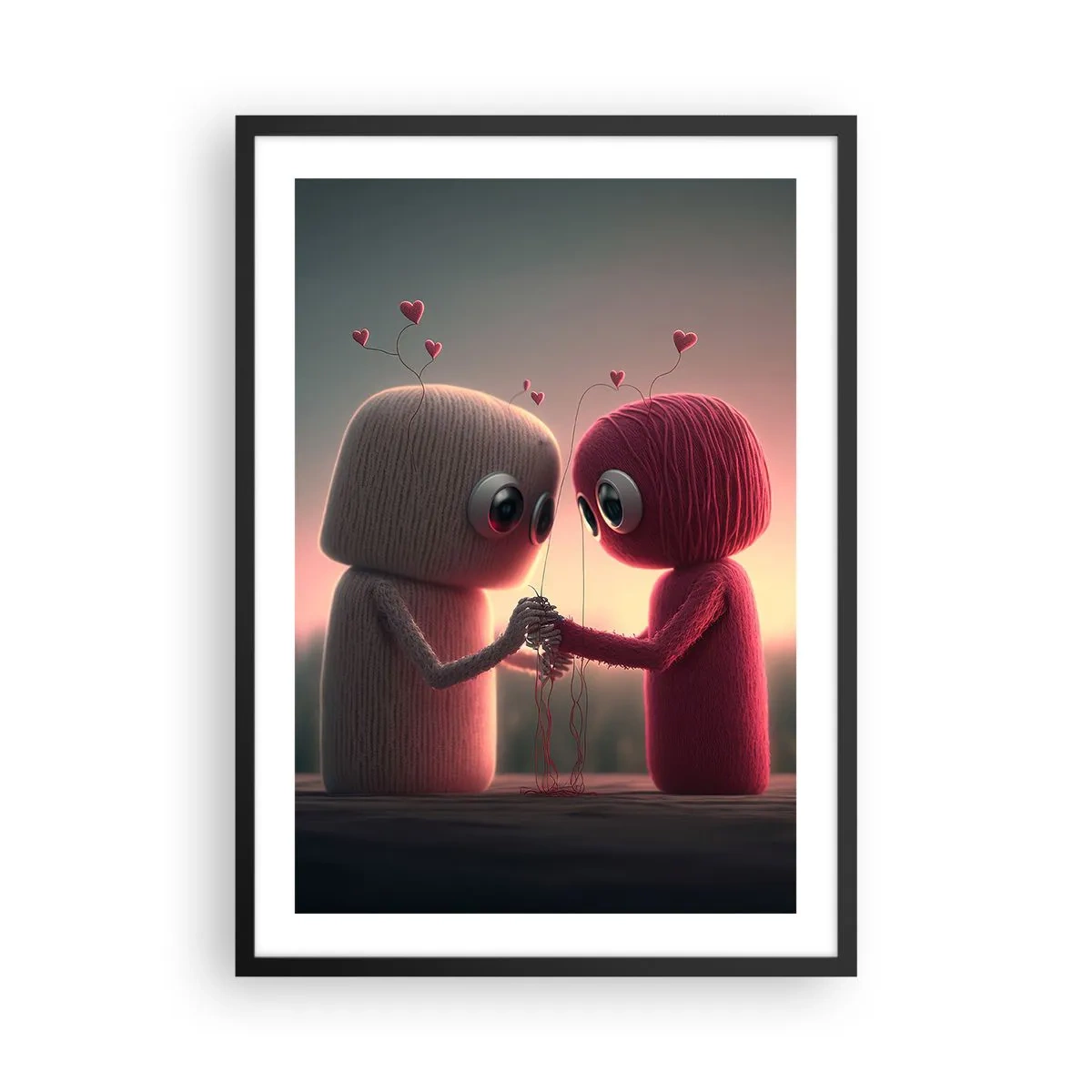 Plakát v černém rámu - Rozkošné postavičky z příze držící se za ruce - 50x70cm - Každý může milovat - Moderní nástěnná dekorace do obývacího pokoje a ložnice ARTTOR