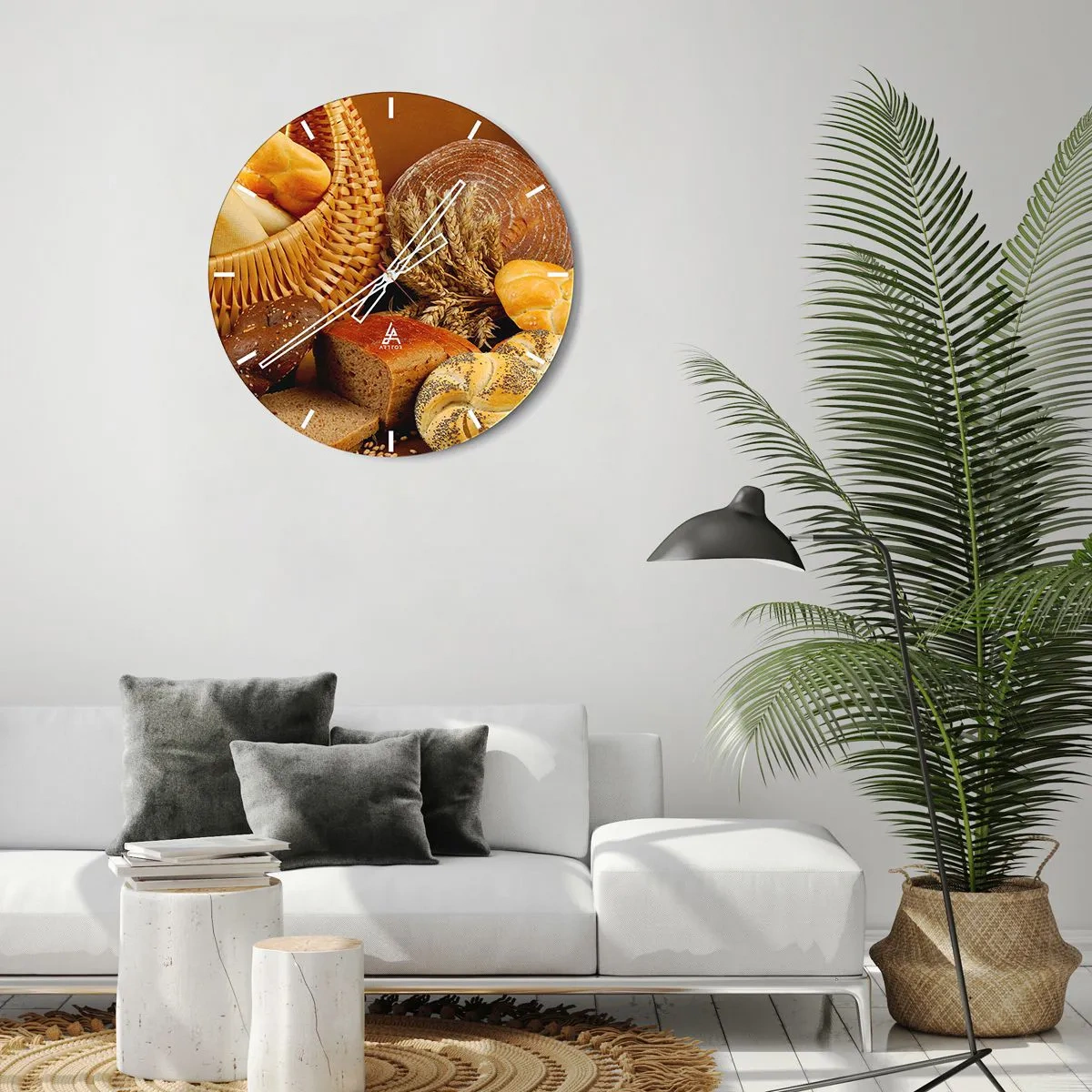 Nástěnné hodiny - Složení chleba a obilovin v rustikálním košíku - 30x30cm - Znovu jsme měli štěstí - Moderní nástěnná dekorace do obývacího pokoje, kuchyně a ložnice ARTTOR