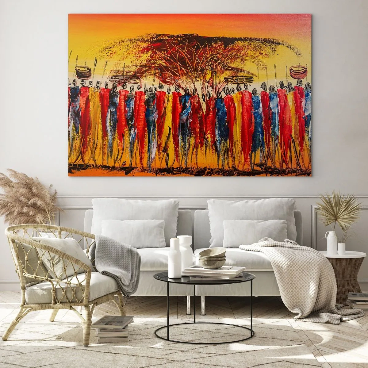 Obraz na skle - Barevná scéna s lidmi v tradičních afrických kostýmech - 70x50cm - Tam, tam, tam, tam jdou - Moderní nástěnná dekorace do obývacího pokoje a ložnice ARTTOR