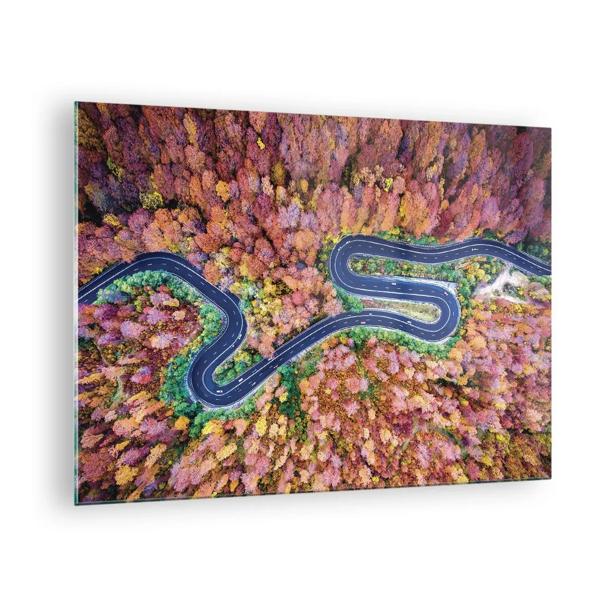 Obraz na skle - Pohled z ptačí perspektivy na klikatou cestu mezi barevnými podzimními stromy - 70x50cm - Klikatá cesta lesem - Moderní nástěnná dekorace do obývacího pokoje a ložnice ARTTOR