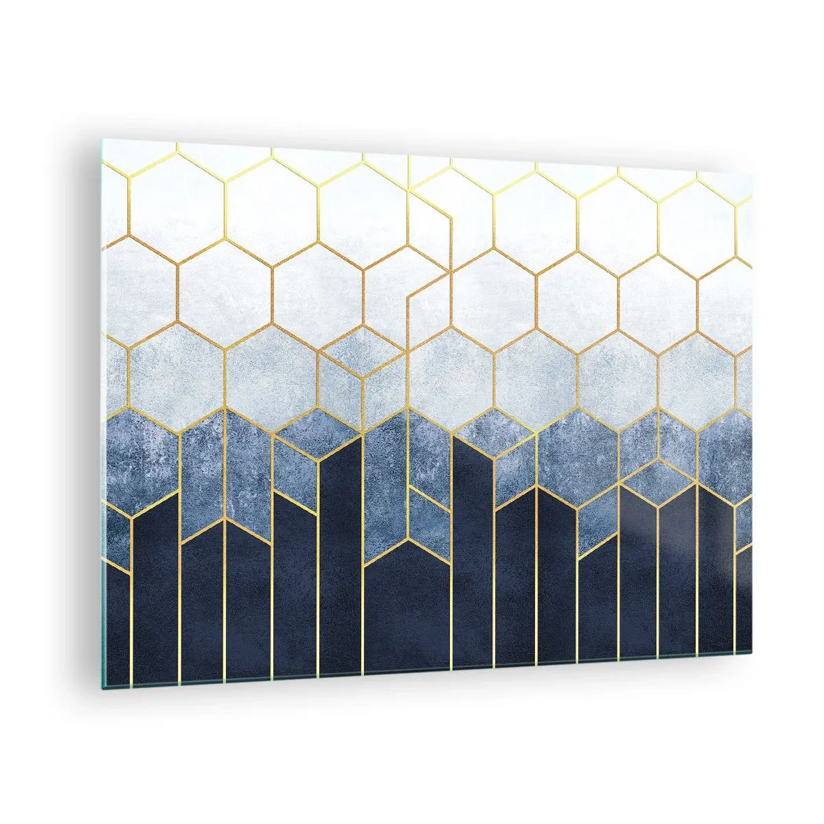 Obraz na skle - Geometrický vzor ve zlaté a tmavě modré barvě - 70x50cm - Kompozice v synkopickém rytmu - Moderní nástěnná dekorace do obývacího pokoje a ložnice ARTTOR