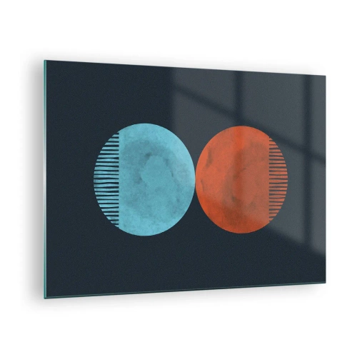 Obraz na skle - Abstraktní kruhy v modré a oranžové barvě - 70x50cm - Pouze geometrie? - Moderní nástěnná dekorace do obývacího pokoje a ložnice ARTTOR