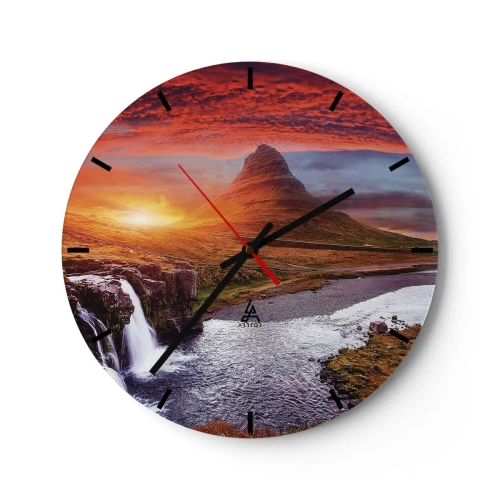 Nástěnné hodiny - Malebná krajina s horou, vodopádem a západem slunce - 30x30cm - Pohled na Středozem - Moderní nástěnná dekorace do obývacího pokoje, kuchyně a ložnice ARTTOR