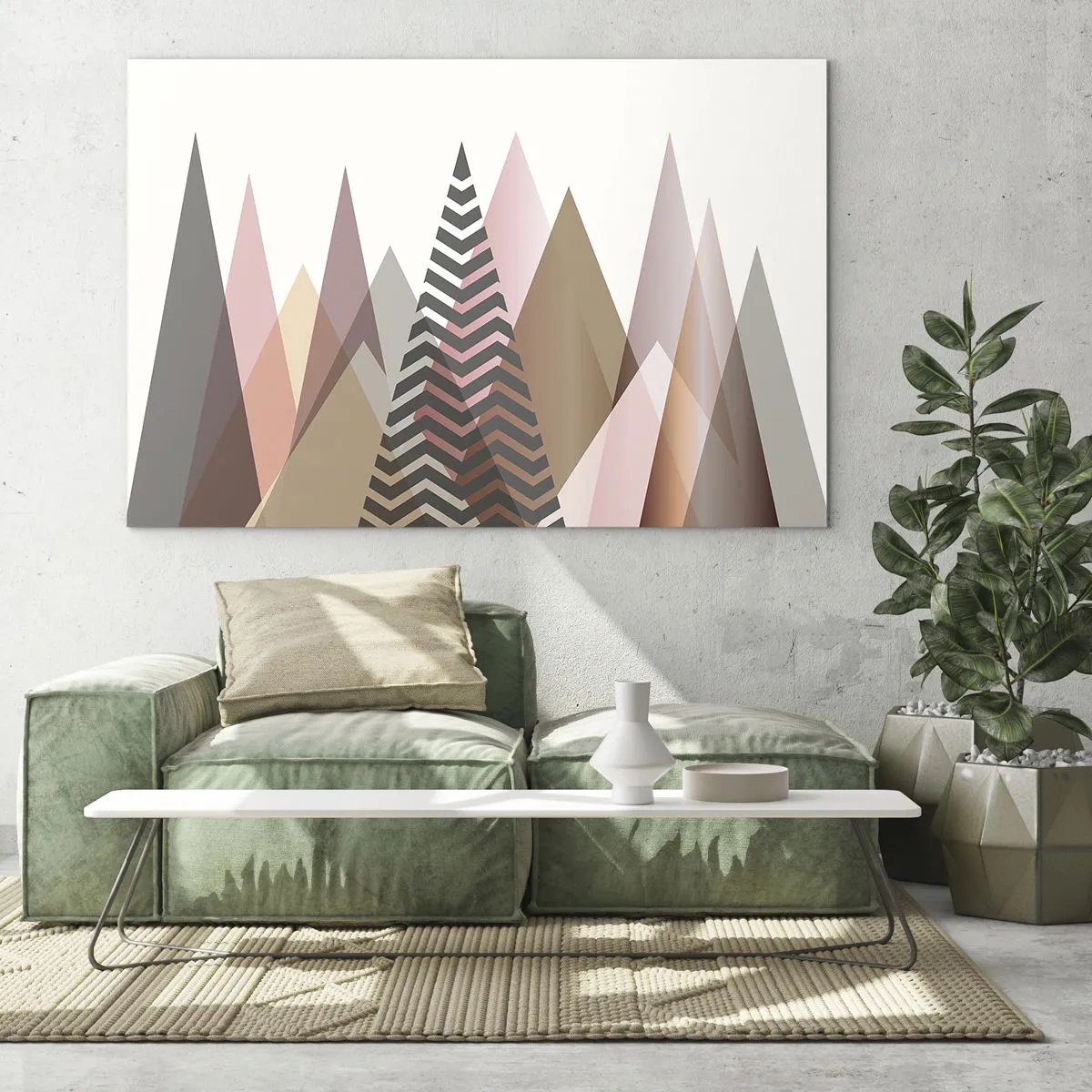 Obraz na skle - Geometrické pastelové hory s centrálním vzorem - 70x50cm - Pyramidální pohled - Moderní nástěnná dekorace do obývacího pokoje a ložnice ARTTOR