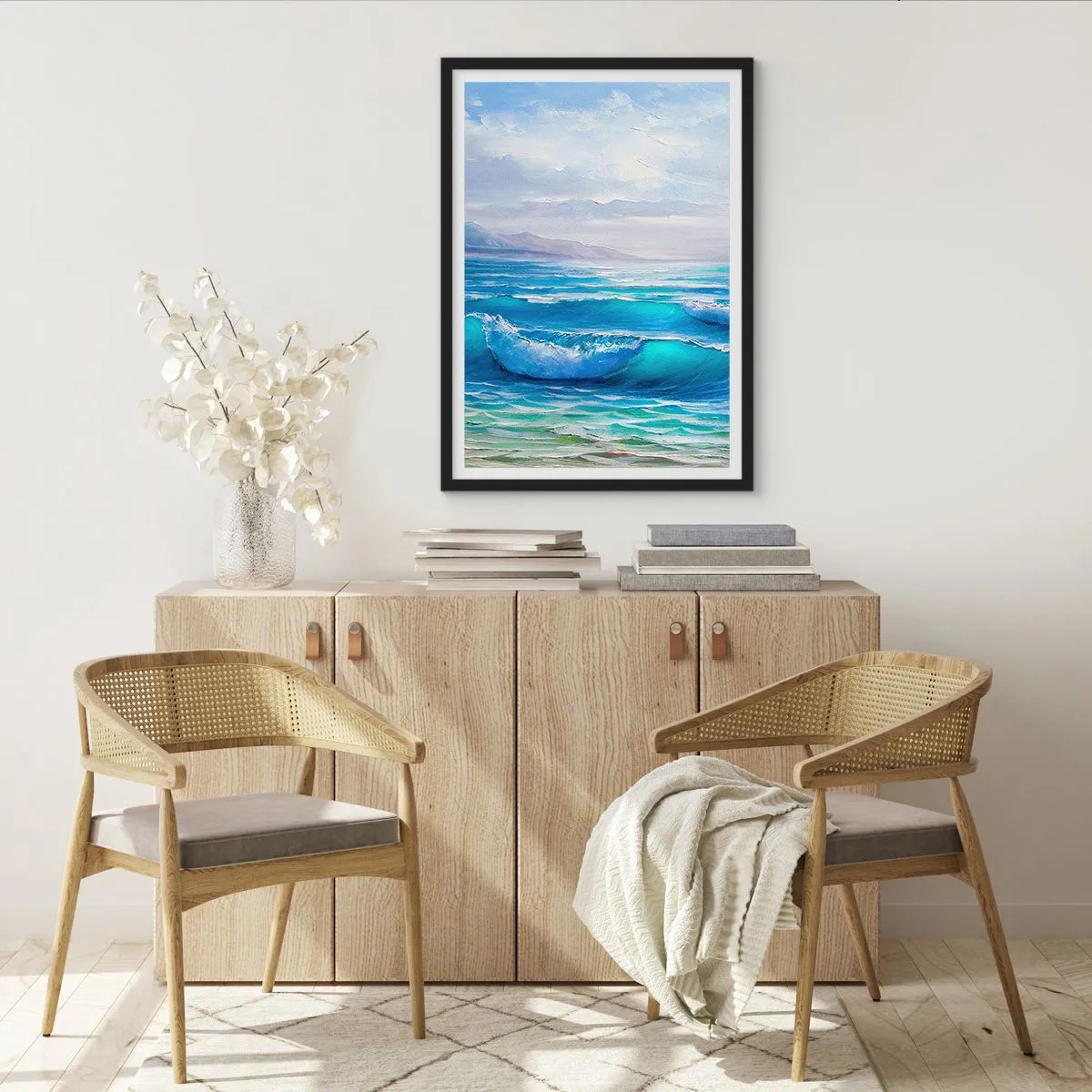 Plakát v černém rámu - Mořské vlny proti modré obloze - 50x70cm - Přináší ukojení - Moderní nástěnná dekorace do obývacího pokoje a ložnice ARTTOR