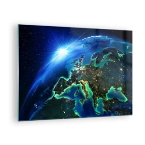 Obraz na skle - Pohled na Zemi z vesmíru s Evropou zářící v noci - 70x50cm - Jiskřivá Evropa - Moderní nástěnná dekorace do obývacího pokoje a ložnice ARTTOR