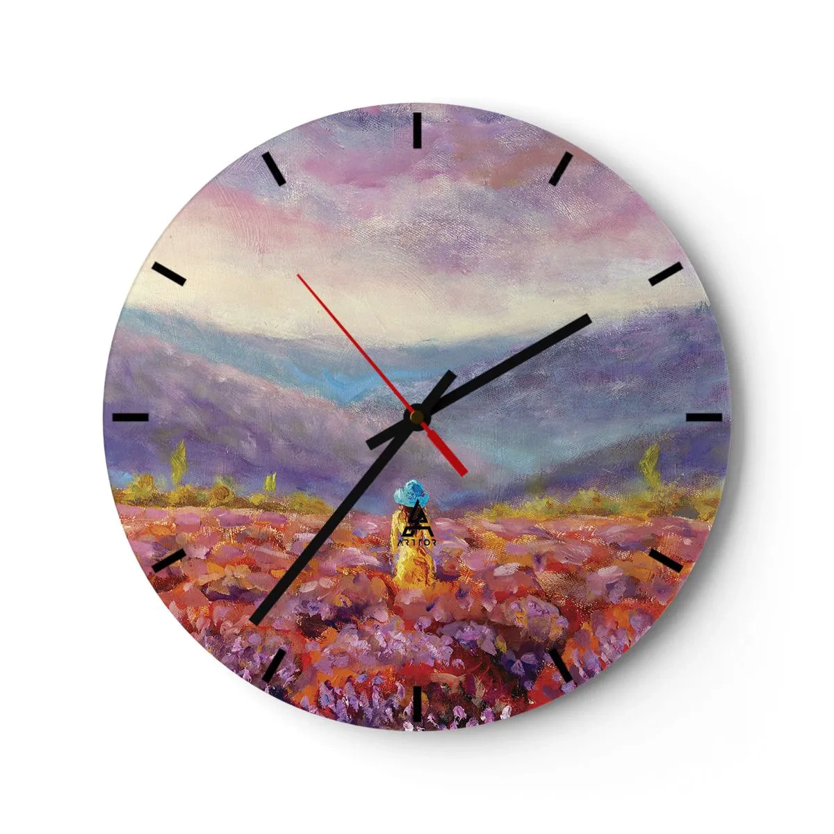 Nástěnné hodiny - Žena s kloboukem v levandulovém poli s výhledem na hory - 30x30cm - V levandulovém světě - Moderní nástěnná dekorace do obývacího pokoje, kuchyně a ložnice ARTTOR