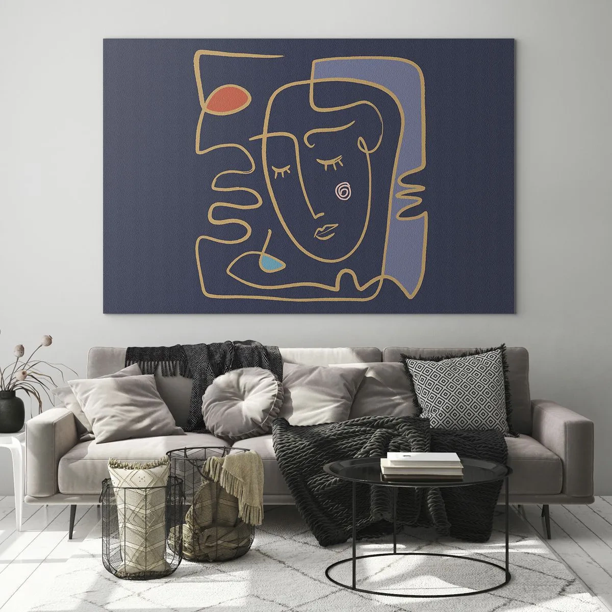 Obraz na skle - Abstraktní obličej v obrysu na tmavě modrém pozadí - 70x50cm - V zádumčivosti - Moderní nástěnná dekorace do obývacího pokoje a ložnice ARTTOR