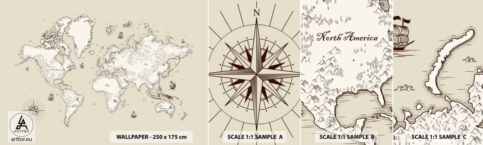 Fototapeta Vzorek Standard Eco - Cesta kolem světa - Mapa světa, Kontinenty, Pirátská loď - 100x30 cm