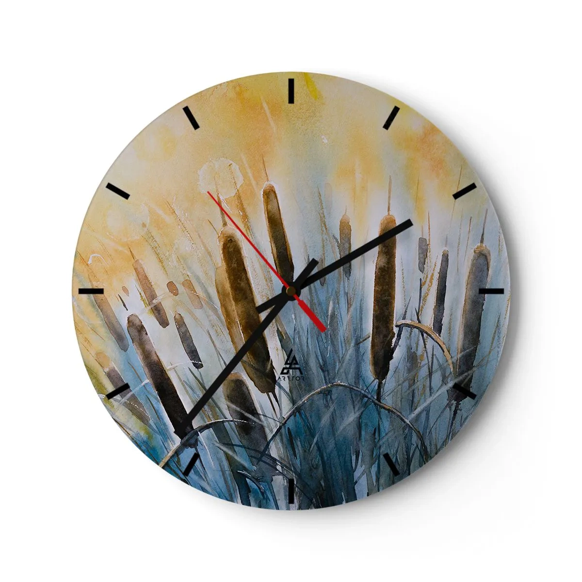 Nástěnné hodiny - Malířské rákosí v teplých barvách západu slunce - 30x30cm - Chlad vody, žár slunce - Moderní nástěnná dekorace do obývacího pokoje, kuchyně a ložnice ARTTOR