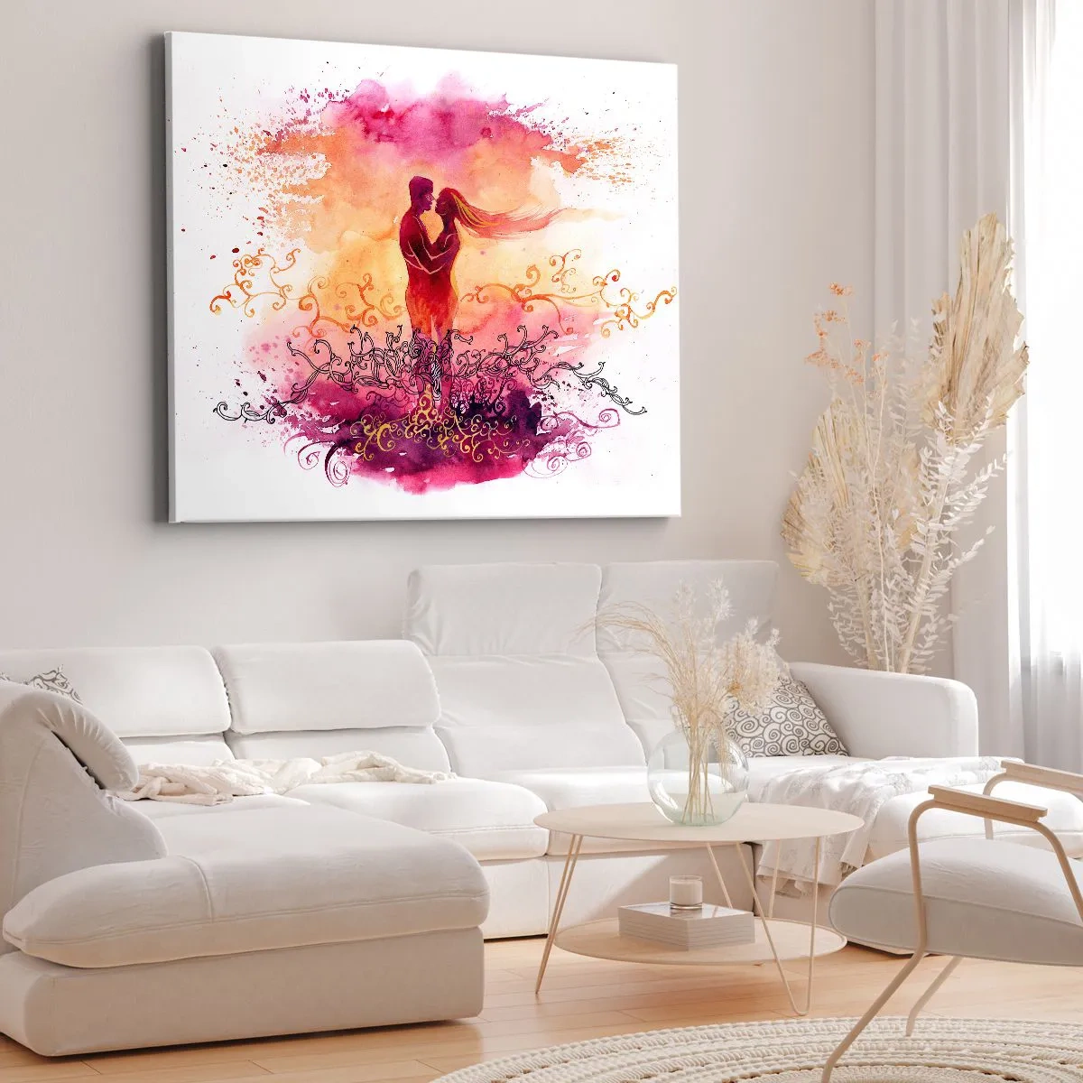 Obraz na plátně - Pár objímající se na pozadí abstraktního růžového a oranžového vzoru - 70x50cm - Jedno srdce! Potřebuji tak málo… - Moderní nástěnná dekorace do obývacího pokoje a ložnice ARTTOR