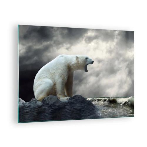 Obraz na skle - Lední medvěd proti bouřlivé obloze - 70x50cm - Samotný král Arktidy - Moderní nástěnná dekorace do obývacího pokoje a ložnice ARTTOR