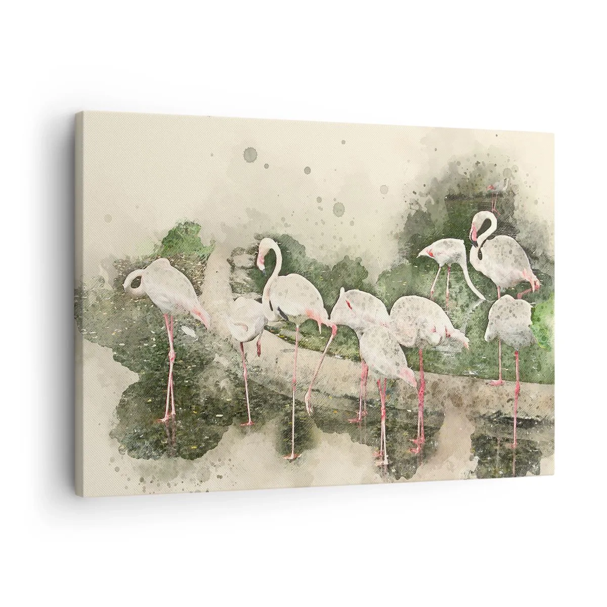 Obraz na plátně - Plameňáci v jejich přirozeném prostředí ve stylu akvarelu - 70x50cm - Exotický sen - Moderní nástěnná dekorace do obývacího pokoje a ložnice ARTTOR