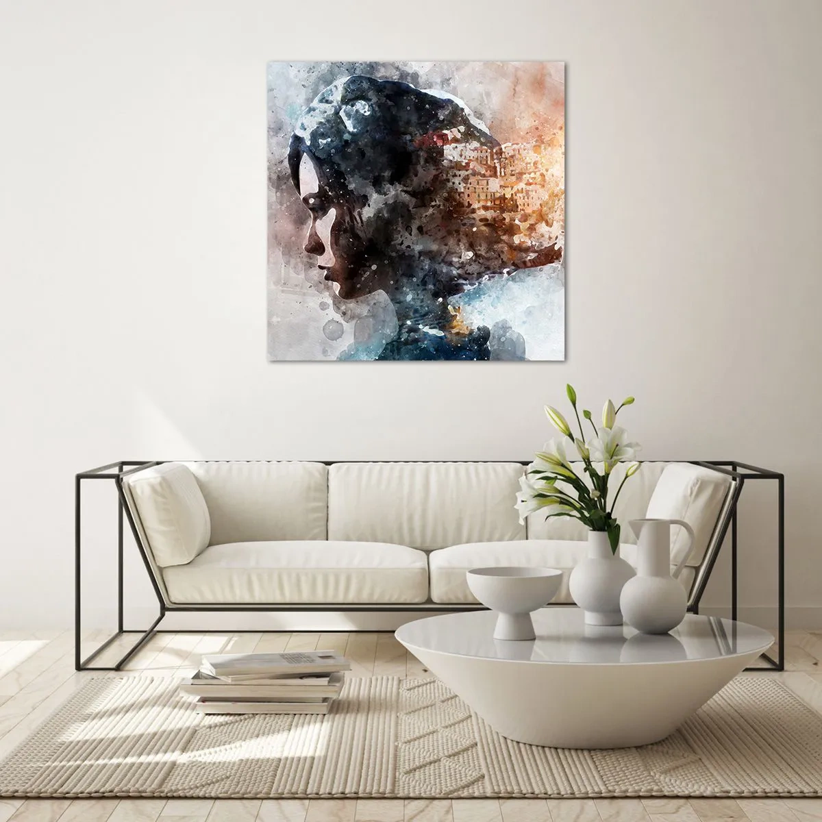 Obraz na skle - Příběh o dívce s městem v pozadí - 70x70 cm