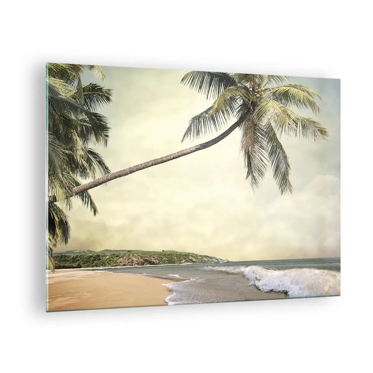 Obraz na skle - Tropická pláž s palmou a vlnami - 70x50cm - Tropický sen - Moderní nástěnná dekorace do obývacího pokoje a ložnice ARTTOR